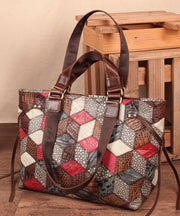 Bohemian Colorblock Geometric Appliqued Calf Leather Tote Handbag