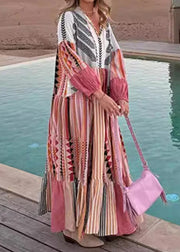 Bohemian Colorblock Lace Up Print Cotton Maxi Dress Long Sleeve
