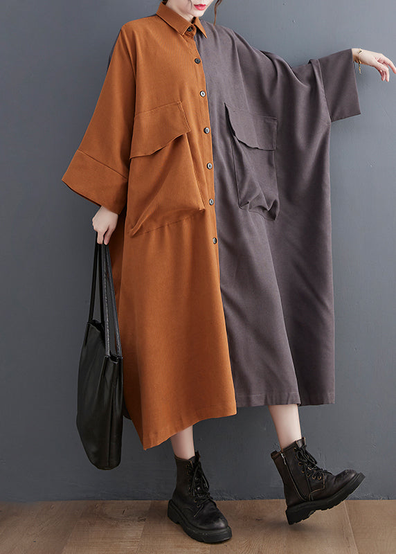 Bohemian Colorblock Oversized Patchwork Pockets Cotton Long Dress Batwing Sleeve