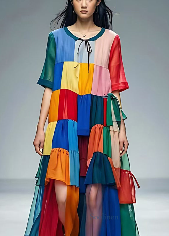 Bohemian Colorblock Oversized Patchwork Tulle Beach Dress Summer