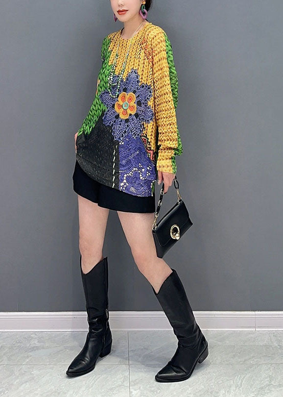 Bohemian Colorblock Oversized Print Knit Sweater Tops Spring