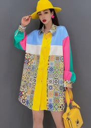 Bohemian Colorblock Peter Pan Collar Print Silk Shirt Top Long Sleeve