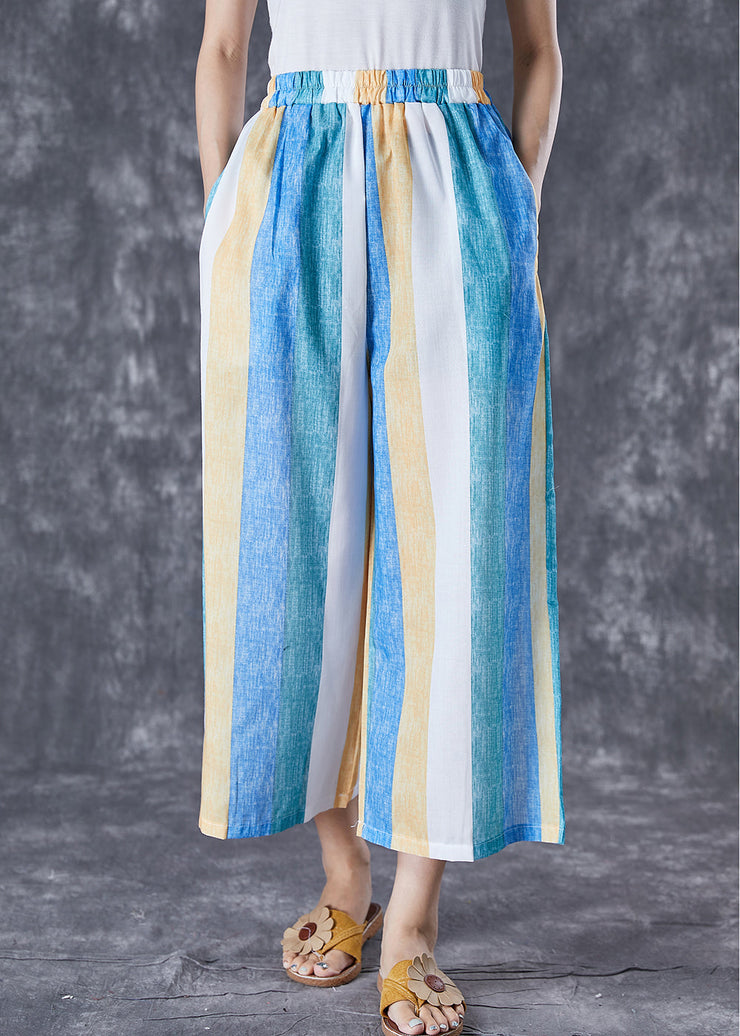 Bohemian Colorblock Striped Pockets Linen Wide Leg Pants Summer