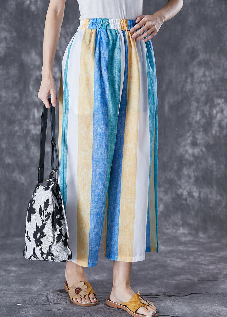 Bohemian Colorblock Striped Pockets Linen Wide Leg Pants Summer