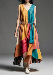 Bohemian Colorblock V Neck Patchwork Cotton Cinched Dresses Summer