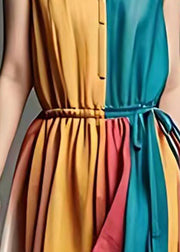 Bohemian Colorblock V Neck Patchwork Cotton Cinched Dresses Summer