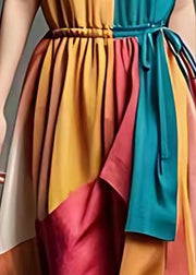 Bohemian Colorblock V Neck Patchwork Cotton Cinched Dresses Summer
