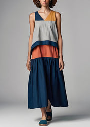 Bohemian Colorblock V Neck Patchwork Cotton Dresses Sleeveless