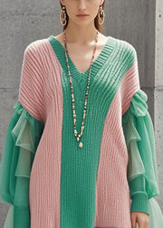 Bohemian Colorblock V Neck Patchwork Tulle Knitwear Dress Fall