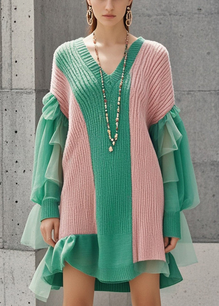 Bohemian Colorblock V Neck Patchwork Tulle Knitwear Dress Fall