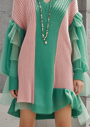 Bohemian Colorblock V Neck Patchwork Tulle Knitwear Dress Fall