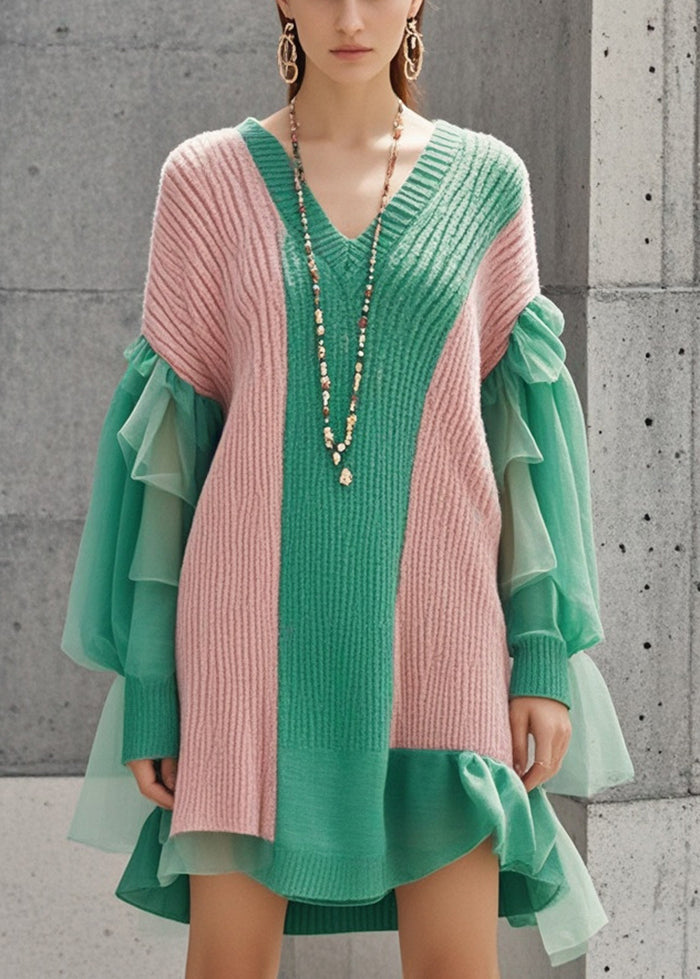 Bohemian Colorblock V Neck Patchwork Tulle Knitwear Dress Fall