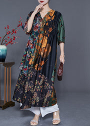 Bohemian Colorblock V Neck Patchwork Wrinkled Print Silk Long Dress Summer