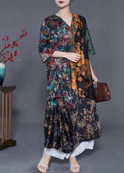 Bohemian Colorblock V Neck Patchwork Wrinkled Print Silk Long Dress Summer