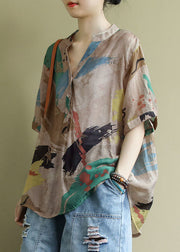 Bohemian Colorblock V Neck Print Patchwork Cotton Shirts Top Summer