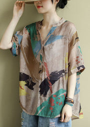 Bohemian Colorblock V Neck Print Patchwork Cotton Shirts Top Summer