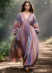 Bohemian Colorblock V Neck Striped Cotton Vacation Dresses Spring