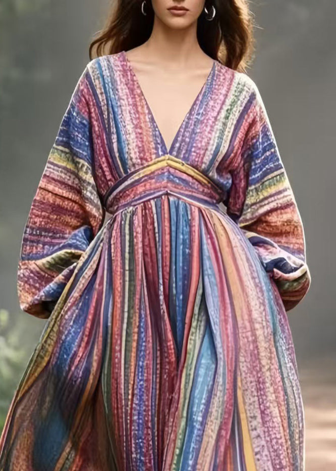 Bohemian Colorblock V Neck Striped Cotton Vacation Dresses Spring