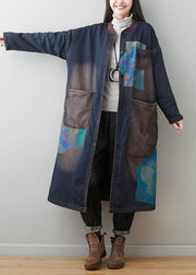 Bohemian Dark Blue Patchwork Pockets Print Warm Fleece Outwear Winter