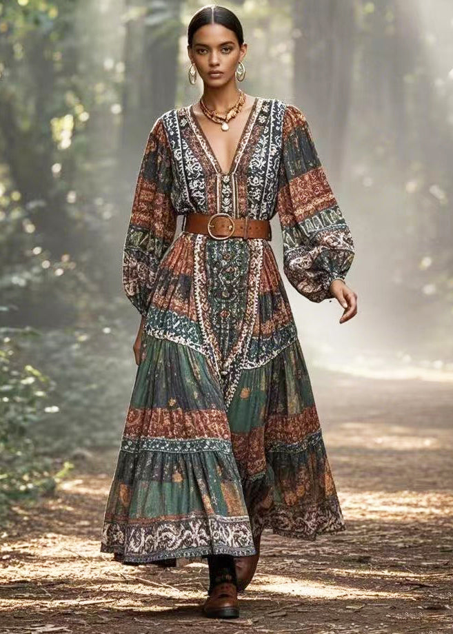 Bohemian Dark Green Cinched Print Cotton Long Dress Spring