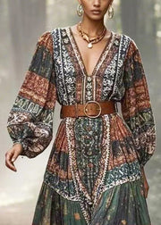 Bohemian Dark Green Cinched Print Cotton Long Dress Spring