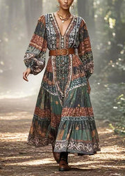 Bohemian Dark Green Cinched Print Cotton Long Dress Spring