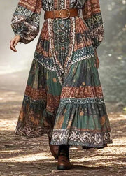 Bohemian Dark Green Cinched Print Cotton Long Dress Spring