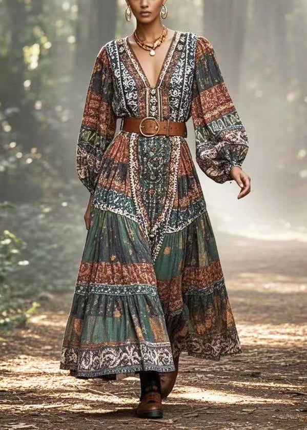 Bohemian Dark Green Cinched Print Cotton Long Dress Spring