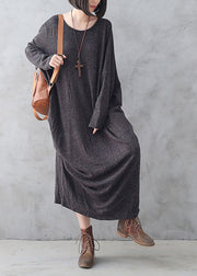 Bohemian Dark Grey O-Neck Asymmetrical Wool Knit Maxi Sweater Dress Fall