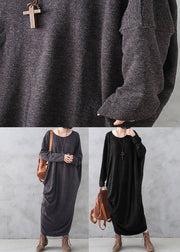 Bohemian Dark Grey O-Neck Asymmetrical Wool Knit Maxi Sweater Dress Fall