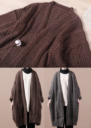 Bohemian Dark Khaki V Neck Cable Knit Sweaters Coats Winter