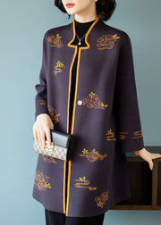 Bohemian Dark Purple Stand Collar Embroidered Patchwork Wool Coats Fall