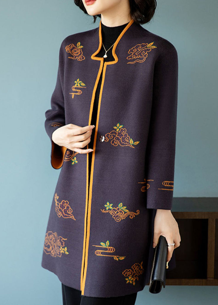 Bohemian Dark Purple Stand Collar Embroidered Patchwork Wool Coats Fall