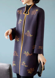 Bohemian Dark Purple Stand Collar Embroideried Patchwork Wool Coats Fall