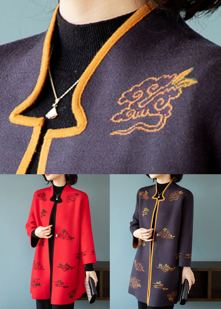 Bohemian Dark Purple Stand Collar Embroideried Patchwork Wool Coats Fall