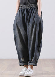 Bohemian Denim Blue Elastic Waist Pockets Cotton Harem Pants Fall