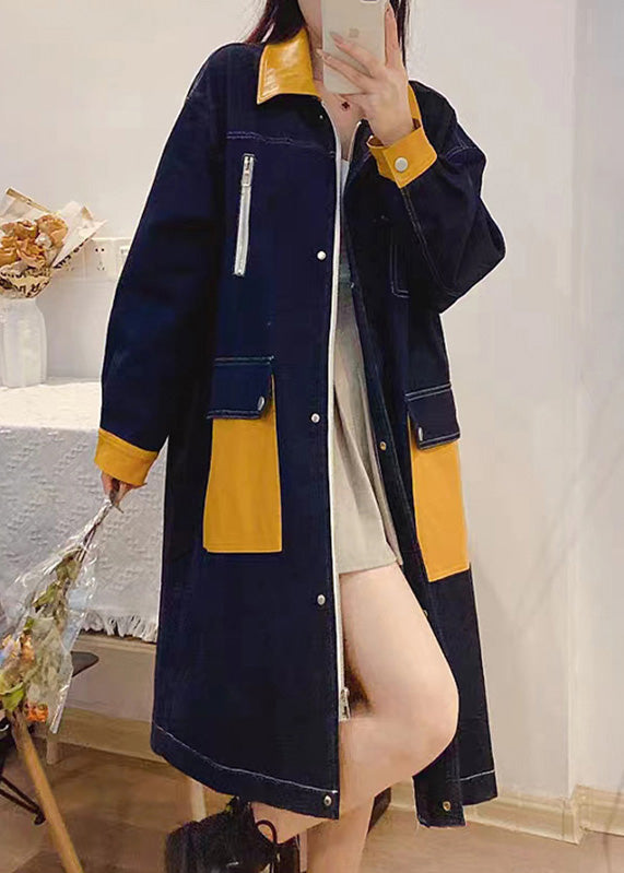 Bohemian Denim Blue Peter Pan Collar Patchwork Zippered Button Linen Long Trench Coats Fall