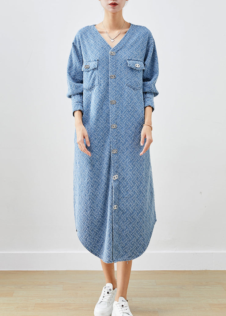 Bohemian Denim Blue V Neck Cotton Long Dress Fall