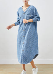 Bohemian Denim Blue V Neck Cotton Long Dress Fall