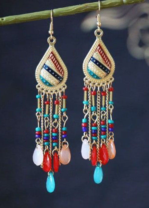 Bohemian Droplet Shape Crystal Tassel Metal Vacation Drop Earrings