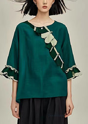 Bohemian Dull Green Oversized Linen Shirt Flare Sleeve
