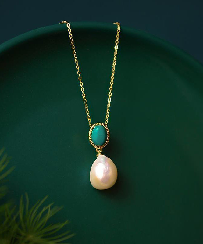 Bohemian Gold Sterling Silver Overgild Turquoise Pearl Pendant Necklace