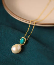 Bohemian Gold Sterling Silver Overgild Turquoise Pearl Pendant Necklace