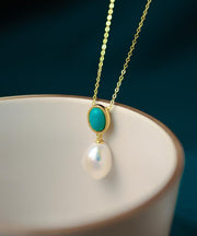 Bohemian Gold Sterling Silver Overgild Turquoise Pearl Pendant Necklace