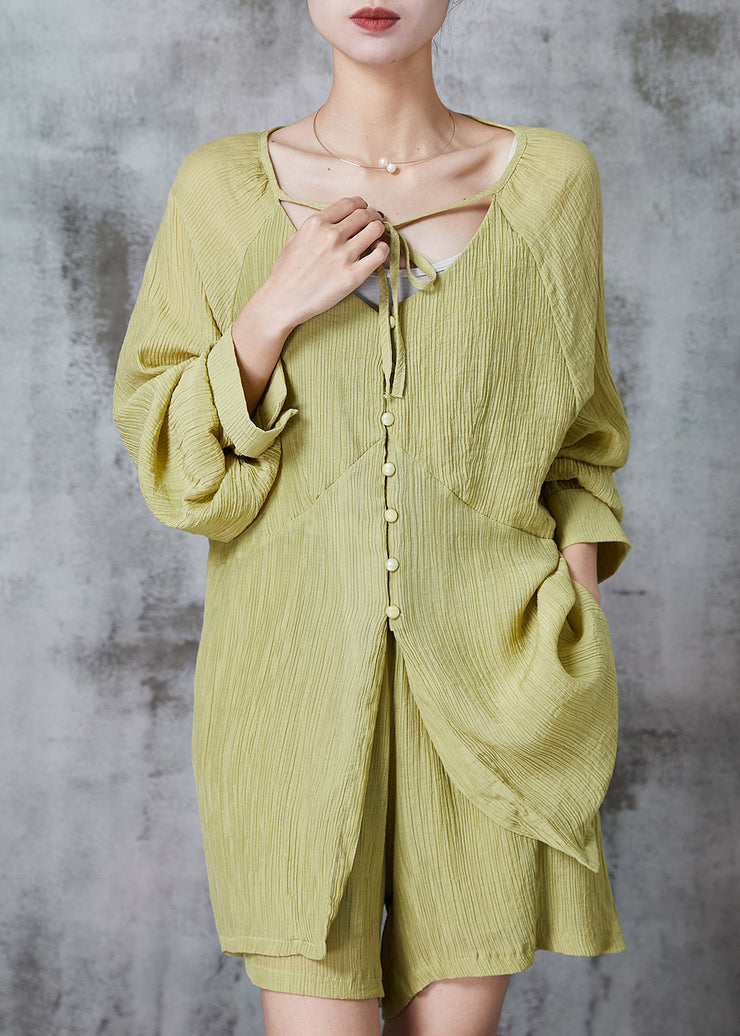 Bohemian Grass Green Oversized Wrinkled Cotton Two Pieces Set Summer
