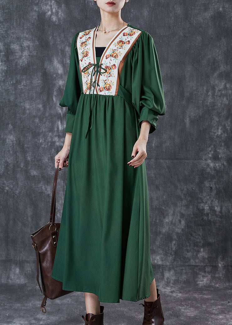 Bohemian Green Cinched Patchwork Lace Up Cotton Dresses Spring