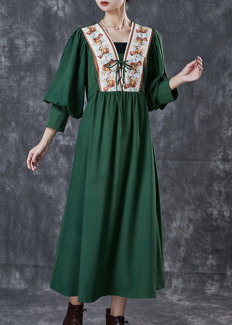 Bohemian Green Cinched Patchwork Lace Up Cotton Dresses Spring