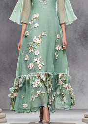 Bohemian Green Cold Shoulder Three-dimensiona Floral Chiffon Dresses Summer