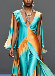 Bohemian Green Deep-V Neck Patchwork Silk Maxi Dresses Butterfly Sleeve