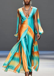 Bohemian Green Deep-V Neck Patchwork Silk Maxi Dresses Butterfly Sleeve